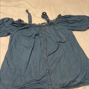 Blue Off-Shoulder Button-Down Top